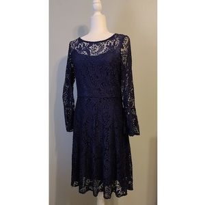 STUDIO ONE | Romantic Crochet Eyelet Lace Long Sleeve Fit Flare Midi Dress